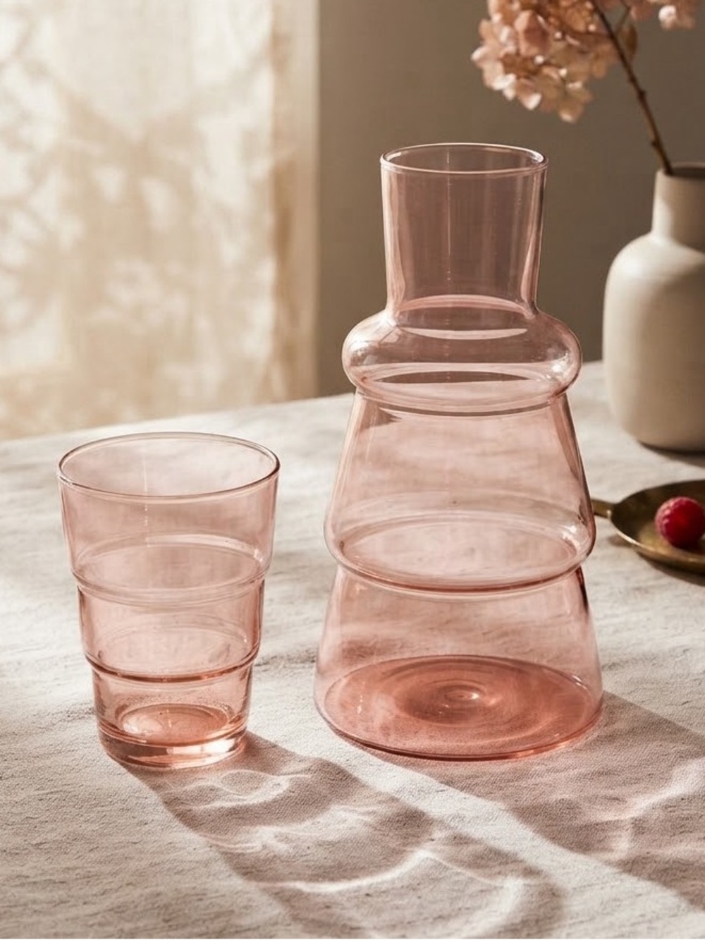 Vintage Pink Depression Glass Bedside Tumble-Up Carafe & Matching Cup Set